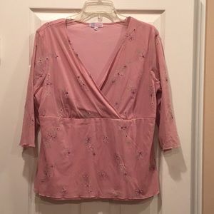 Embroidered, crossover front, top.